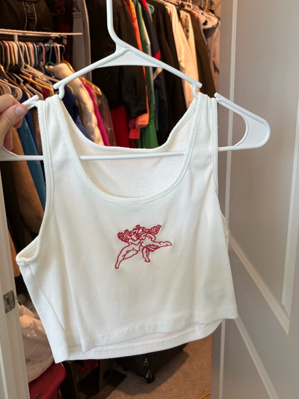 White Ribbed Cropped Tank Top with Red Angel Embroidery